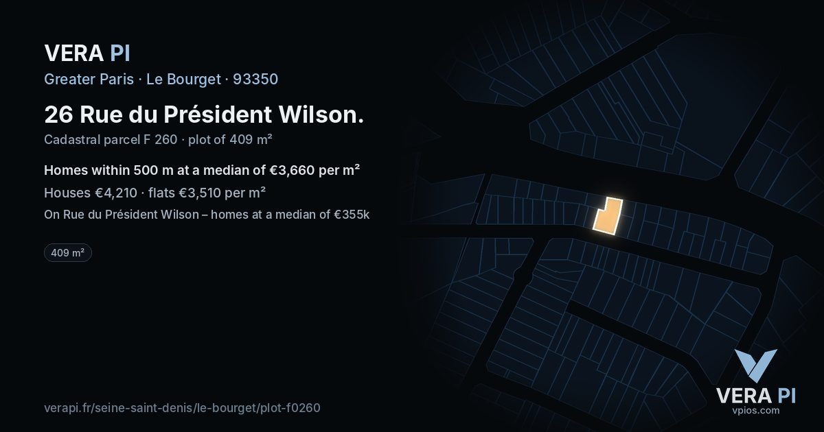 26 Rue du Président Wilson, Le Bourget at night – the plot lit, the parcels around coloured by the prices near them