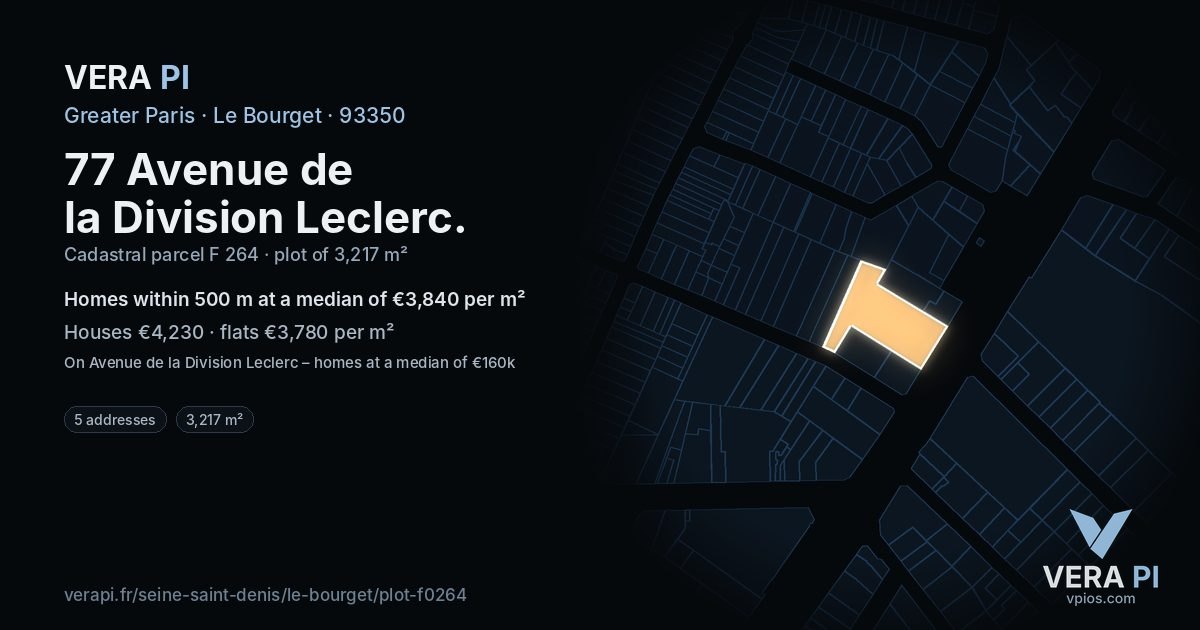 77 Avenue de la Division Leclerc, Le Bourget at night – the plot lit, the parcels around coloured by the prices near them
