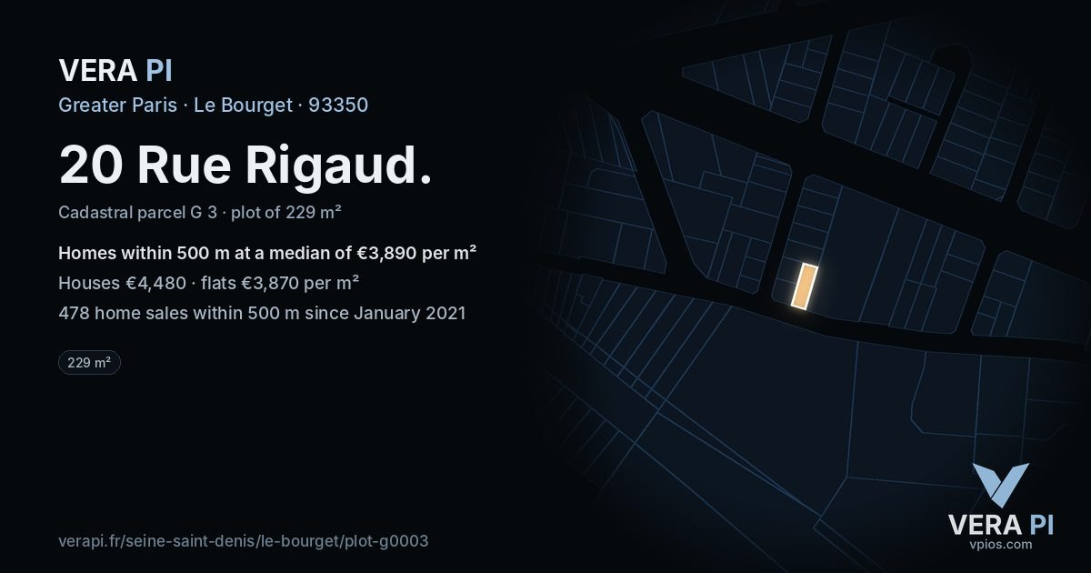 20 Rue Rigaud, Le Bourget at night – the plot lit, the parcels around coloured by the prices near them