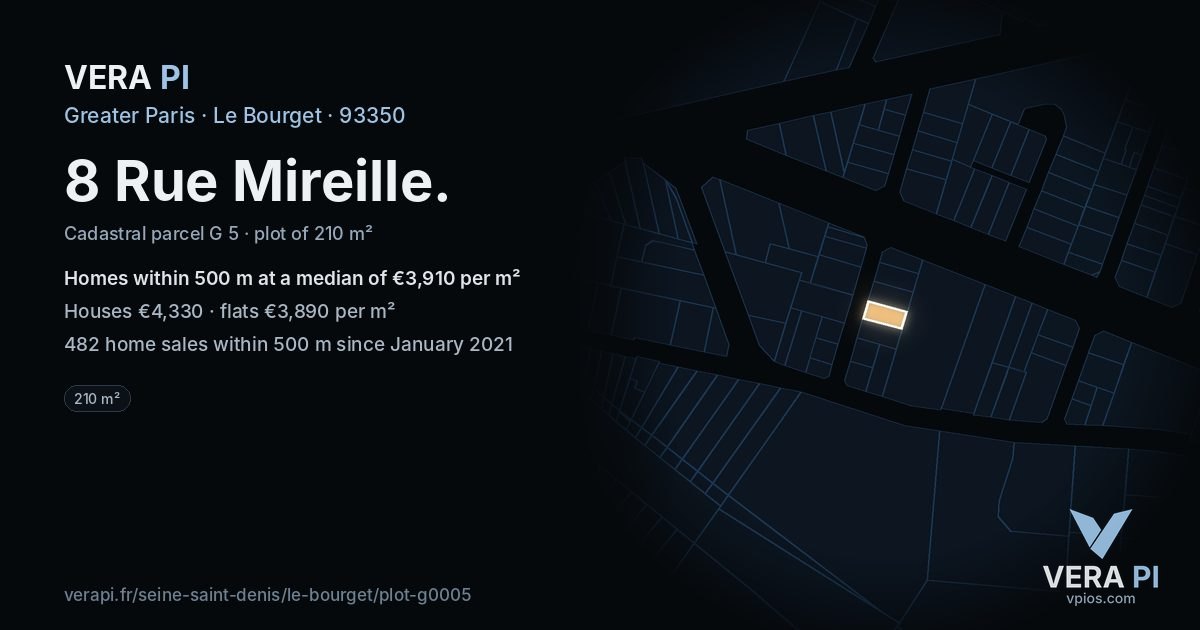 8 Rue Mireille, Le Bourget at night – the plot lit, the parcels around coloured by the prices near them