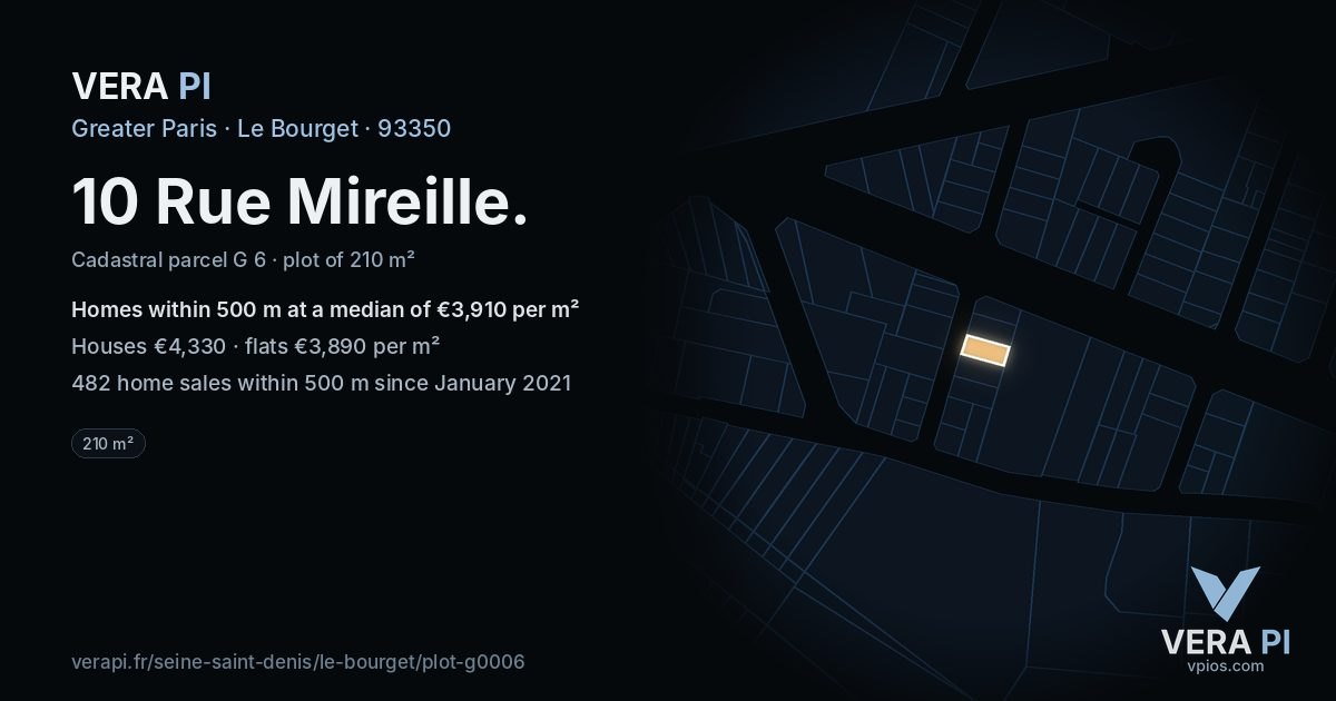 10 Rue Mireille, Le Bourget at night – the plot lit, the parcels around coloured by the prices near them