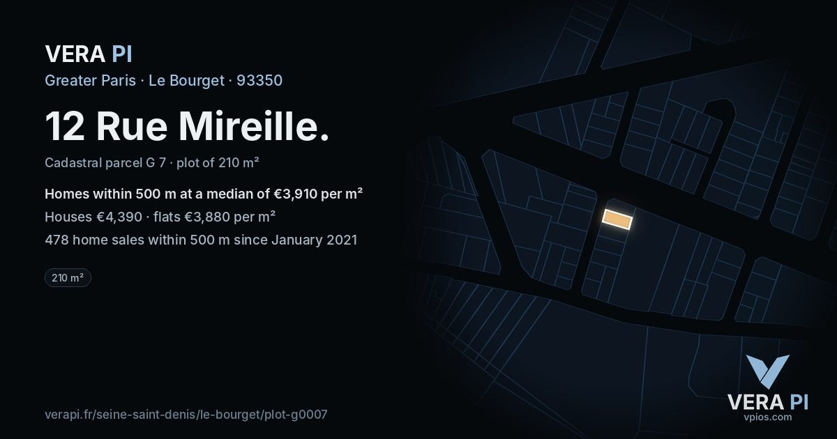 12 Rue Mireille, Le Bourget at night – the plot lit, the parcels around coloured by the prices near them