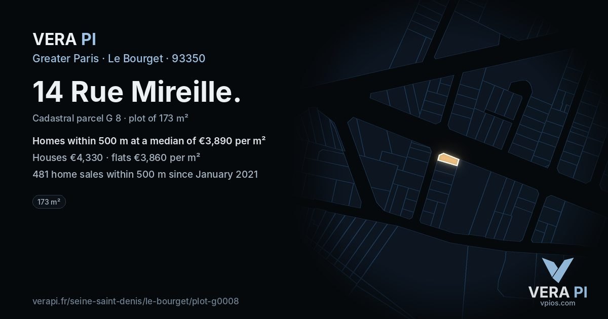 14 Rue Mireille, Le Bourget at night – the plot lit, the parcels around coloured by the prices near them