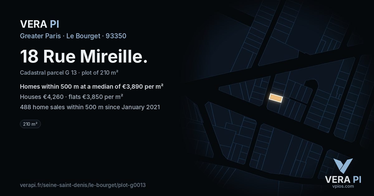 18 Rue Mireille, Le Bourget at night – the plot lit, the parcels around coloured by the prices near them