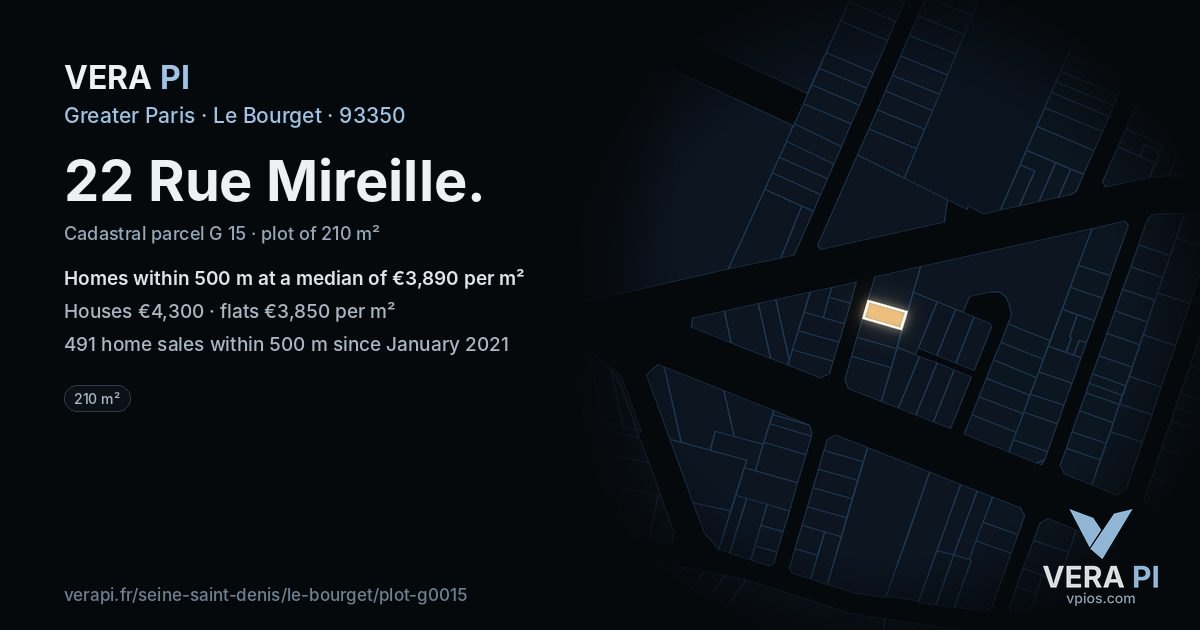 22 Rue Mireille, Le Bourget at night – the plot lit, the parcels around coloured by the prices near them