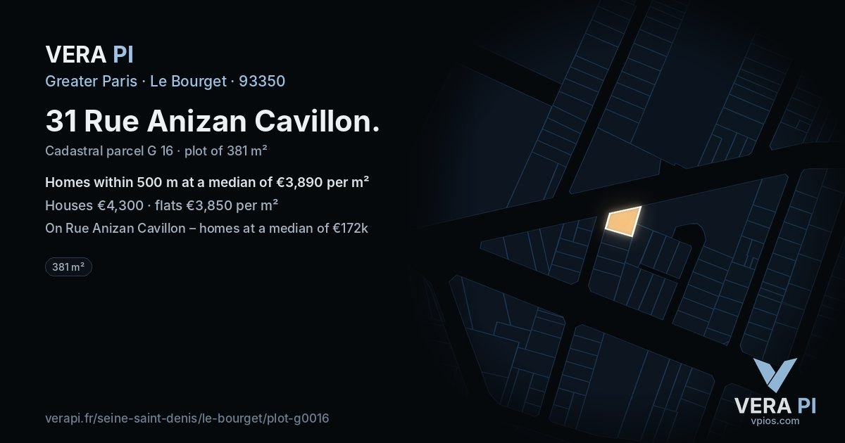 31 Rue Anizan Cavillon, Le Bourget at night – the plot lit, the parcels around coloured by the prices near them