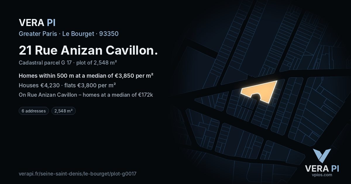 21 Rue Anizan Cavillon, Le Bourget at night – the plot lit, the parcels around coloured by the prices near them