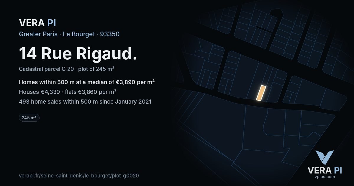 14 Rue Rigaud, Le Bourget at night – the plot lit, the parcels around coloured by the prices near them