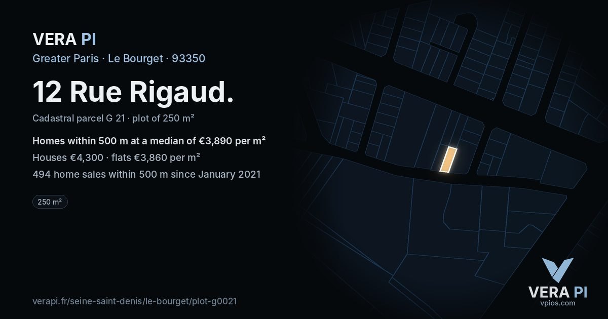 12 Rue Rigaud, Le Bourget at night – the plot lit, the parcels around coloured by the prices near them