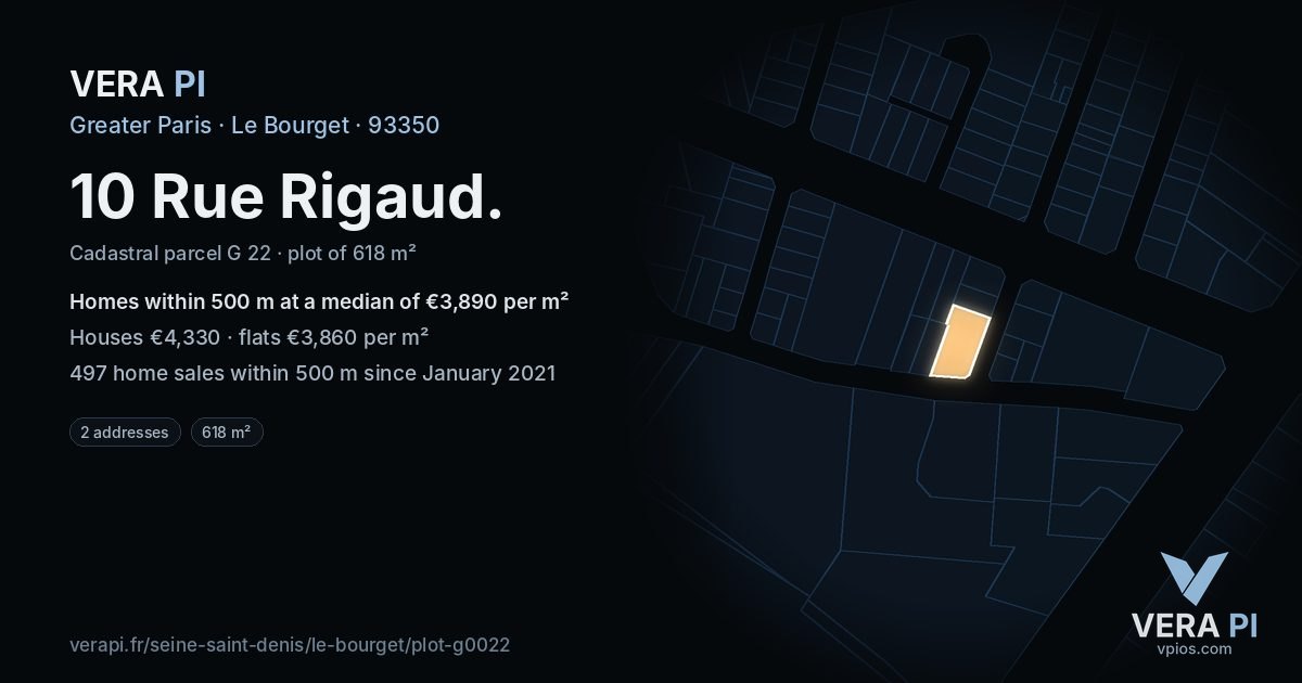 10 Rue Rigaud, Le Bourget at night – the plot lit, the parcels around coloured by the prices near them