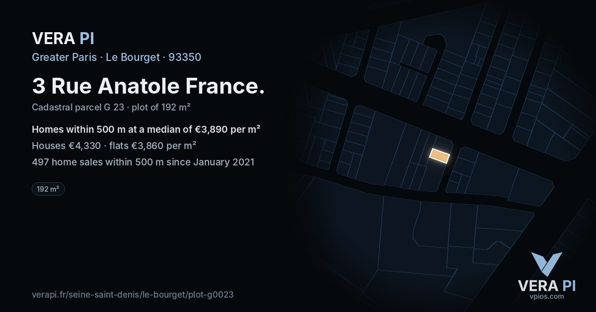 3 Rue Anatole France, Le Bourget at night – the plot lit, the parcels around coloured by the prices near them