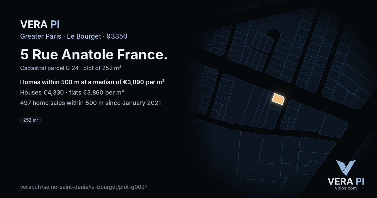 5 Rue Anatole France, Le Bourget at night – the plot lit, the parcels around coloured by the prices near them