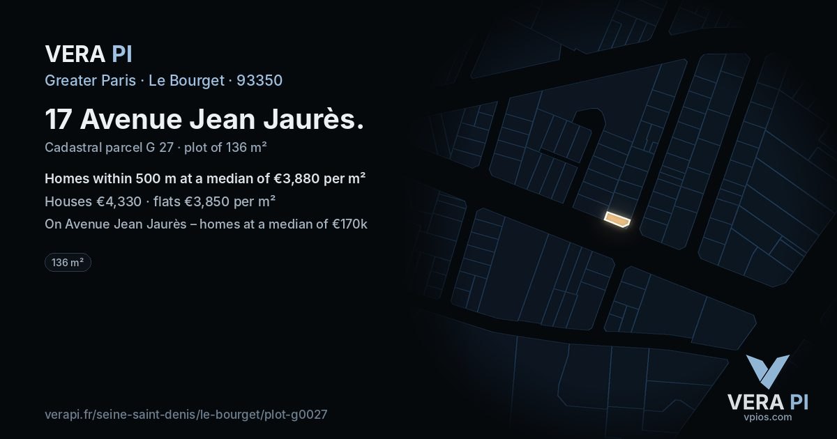 17 Avenue Jean Jaurès, Le Bourget at night – the plot lit, the parcels around coloured by the prices near them
