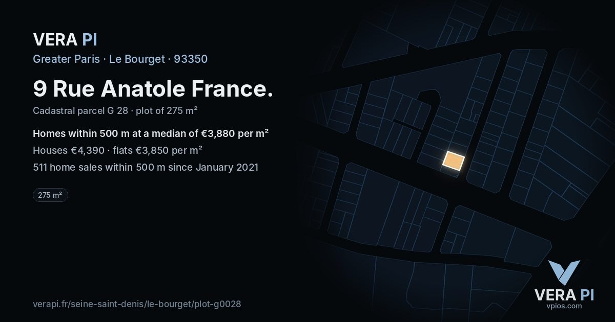 9 Rue Anatole France, Le Bourget at night – the plot lit, the parcels around coloured by the prices near them