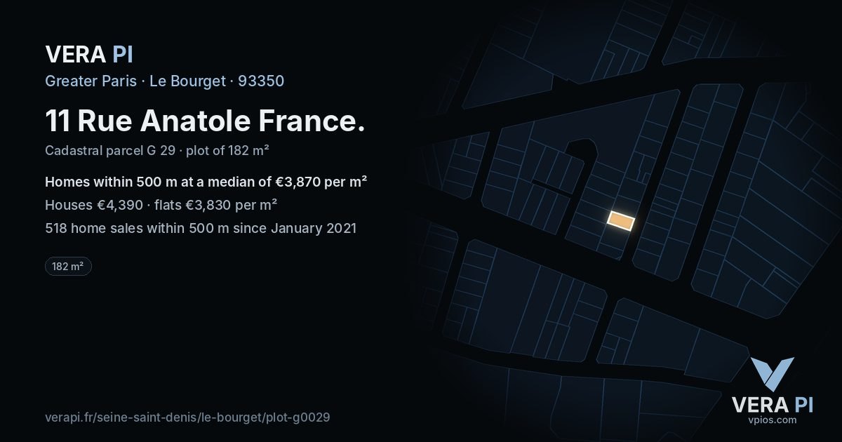 11 Rue Anatole France, Le Bourget at night – the plot lit, the parcels around coloured by the prices near them