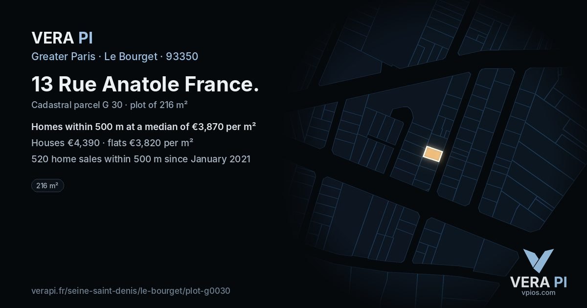 13 Rue Anatole France, Le Bourget at night – the plot lit, the parcels around coloured by the prices near them