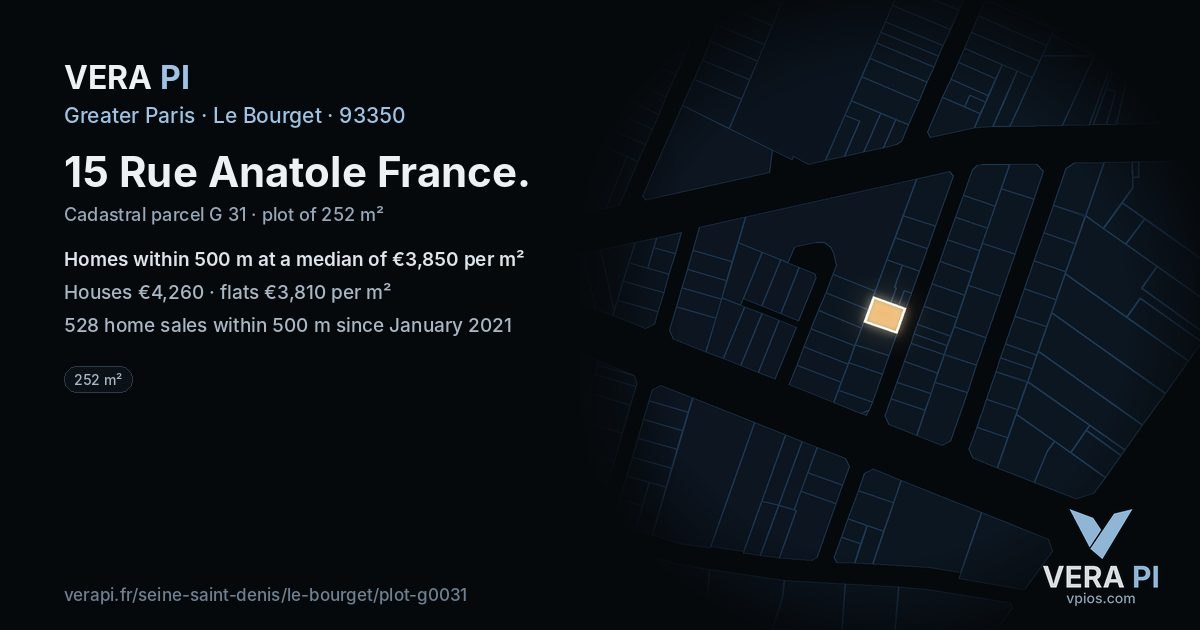 15 Rue Anatole France, Le Bourget at night – the plot lit, the parcels around coloured by the prices near them