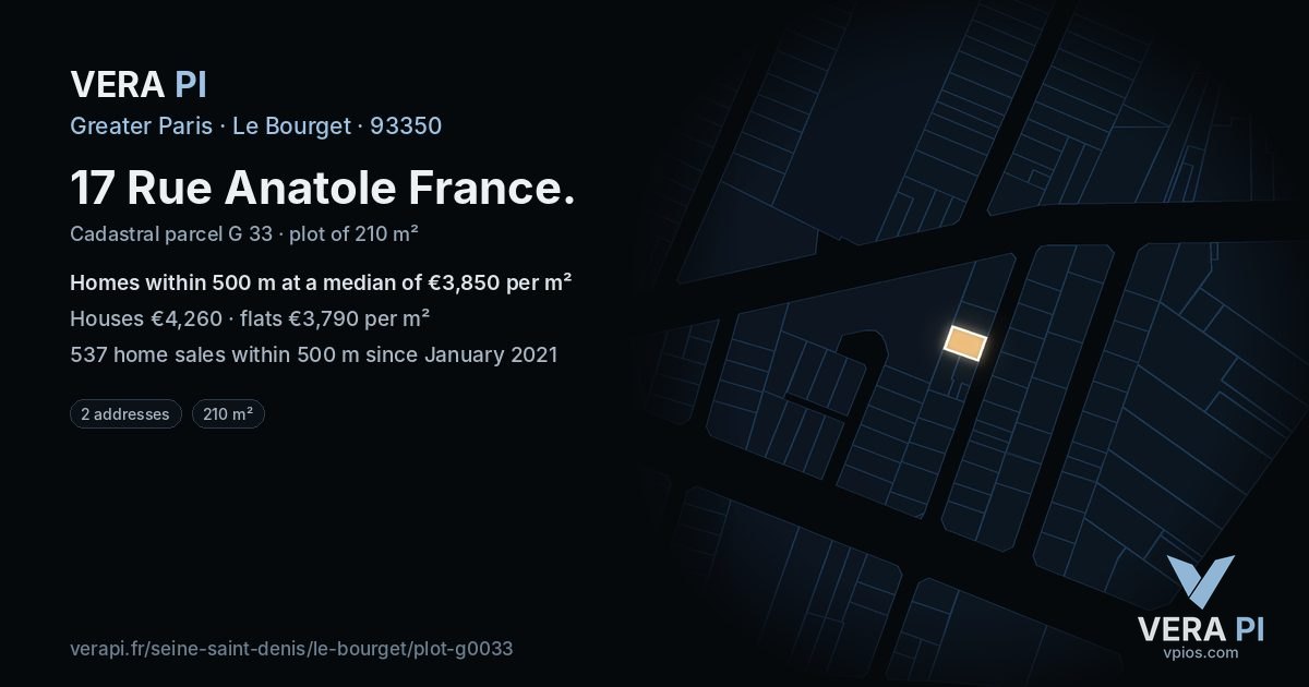 17 Rue Anatole France, Le Bourget at night – the plot lit, the parcels around coloured by the prices near them