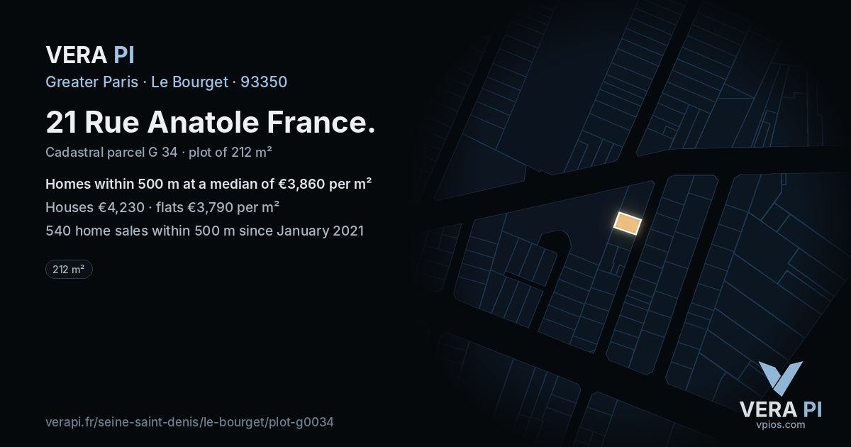 21 Rue Anatole France, Le Bourget at night – the plot lit, the parcels around coloured by the prices near them