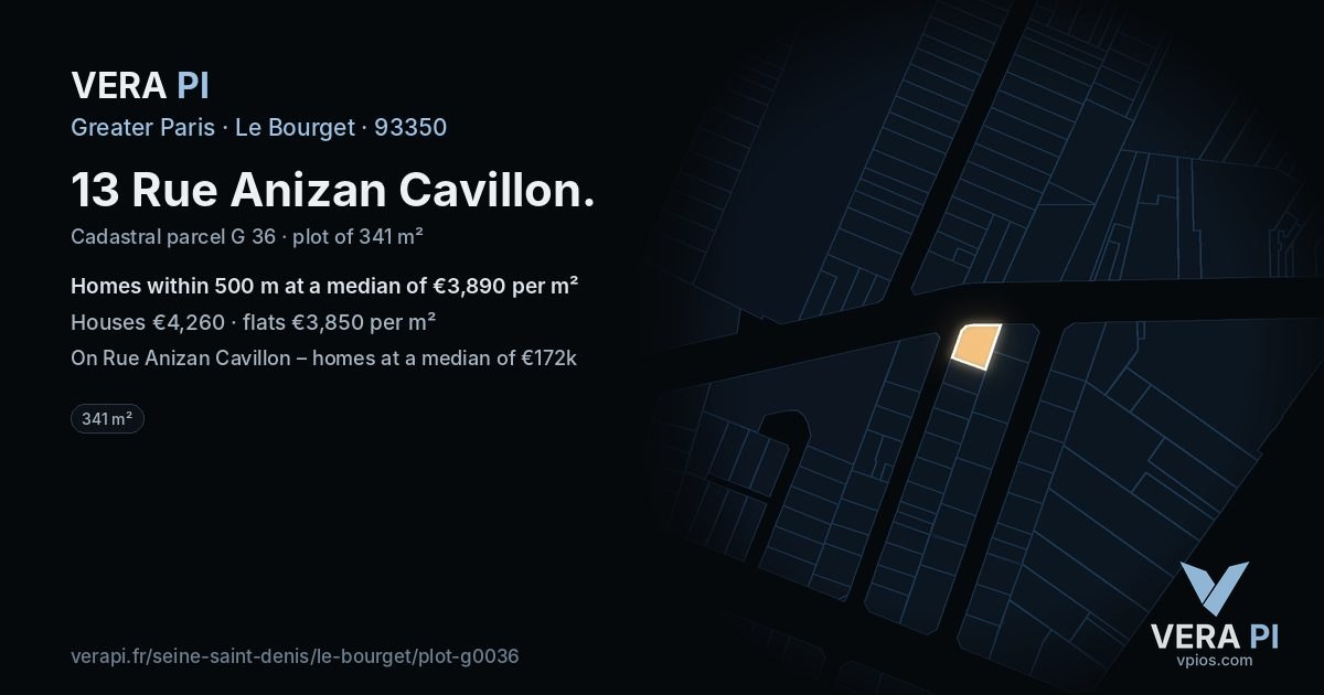 13 Rue Anizan Cavillon, Le Bourget at night – the plot lit, the parcels around coloured by the prices near them