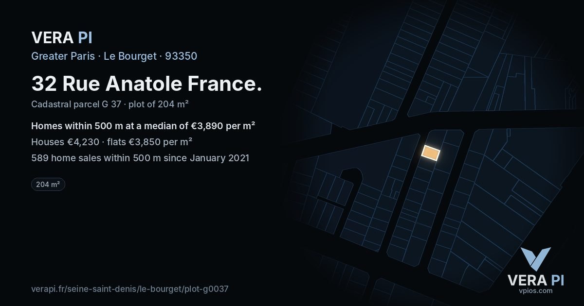 32 Rue Anatole France, Le Bourget at night – the plot lit, the parcels around coloured by the prices near them