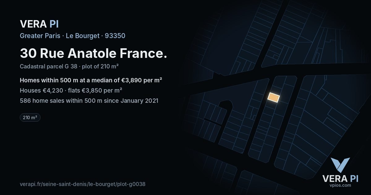 30 Rue Anatole France, Le Bourget at night – the plot lit, the parcels around coloured by the prices near them