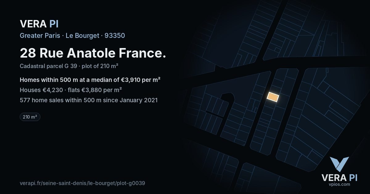 28 Rue Anatole France, Le Bourget at night – the plot lit, the parcels around coloured by the prices near them