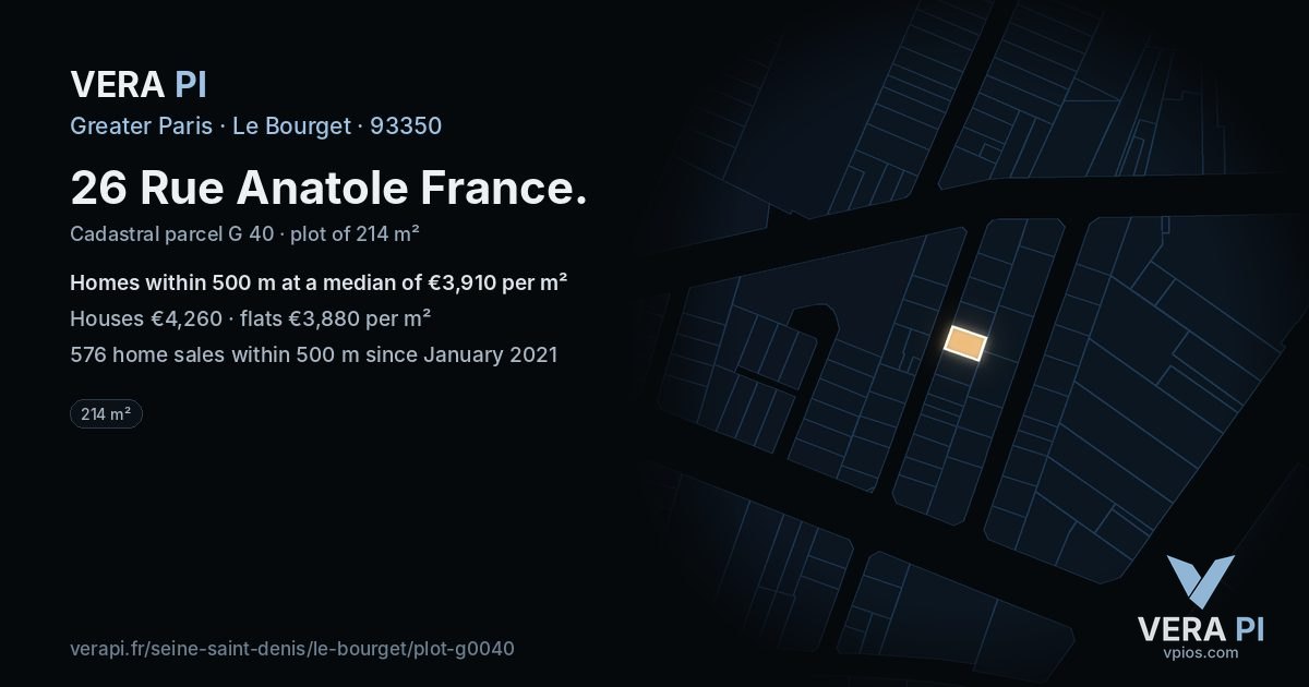 26 Rue Anatole France, Le Bourget at night – the plot lit, the parcels around coloured by the prices near them