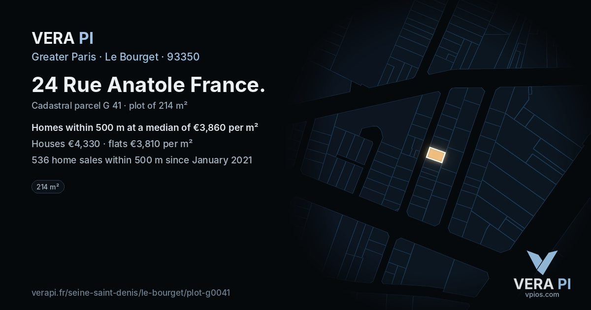 24 Rue Anatole France, Le Bourget at night – the plot lit, the parcels around coloured by the prices near them