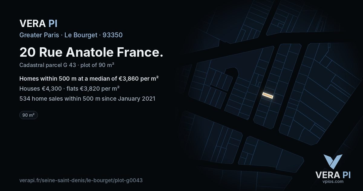 20 Rue Anatole France, Le Bourget at night – the plot lit, the parcels around coloured by the prices near them
