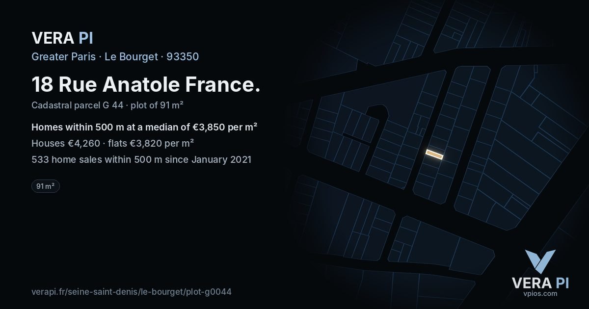 18 Rue Anatole France, Le Bourget at night – the plot lit, the parcels around coloured by the prices near them