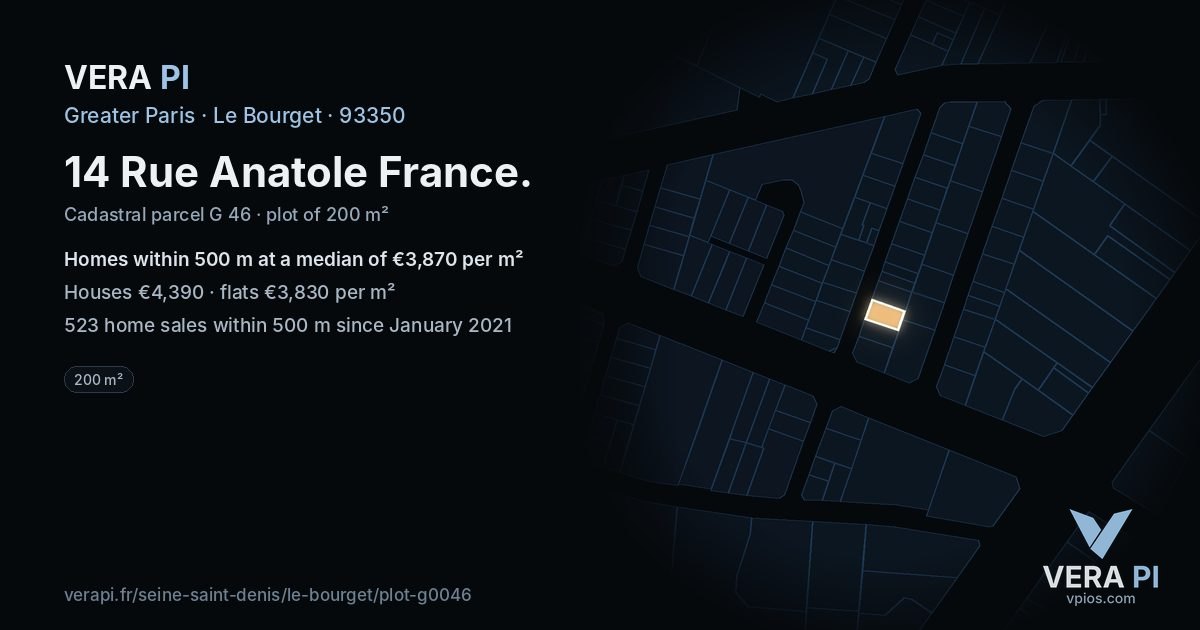 14 Rue Anatole France, Le Bourget at night – the plot lit, the parcels around coloured by the prices near them