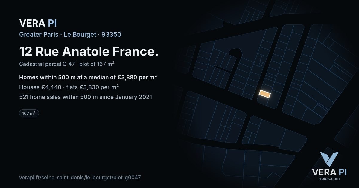 12 Rue Anatole France, Le Bourget at night – the plot lit, the parcels around coloured by the prices near them