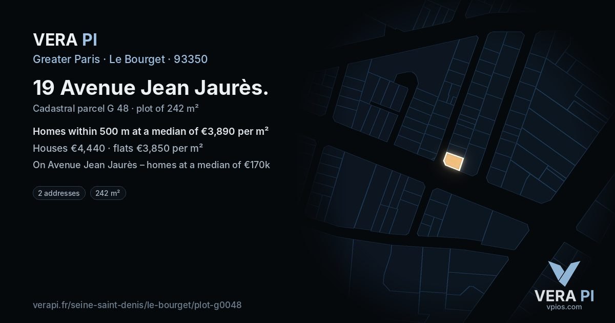 19 Avenue Jean Jaurès, Le Bourget at night – the plot lit, the parcels around coloured by the prices near them