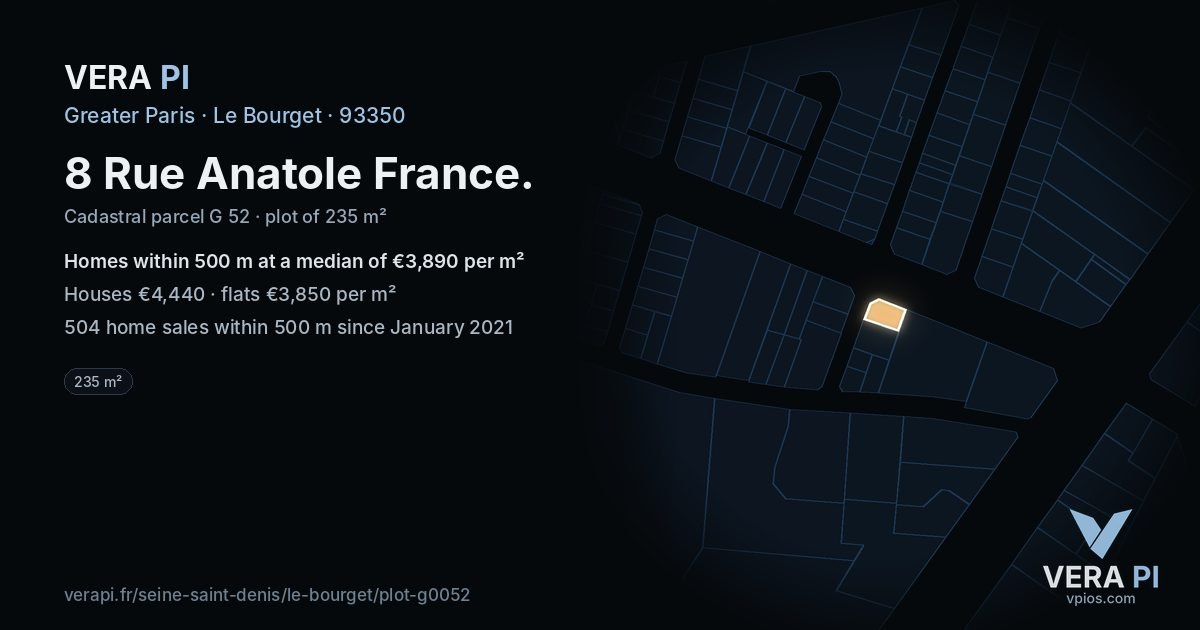 8 Rue Anatole France, Le Bourget at night – the plot lit, the parcels around coloured by the prices near them