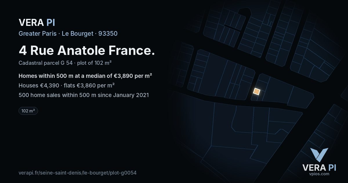 4 Rue Anatole France, Le Bourget at night – the plot lit, the parcels around coloured by the prices near them