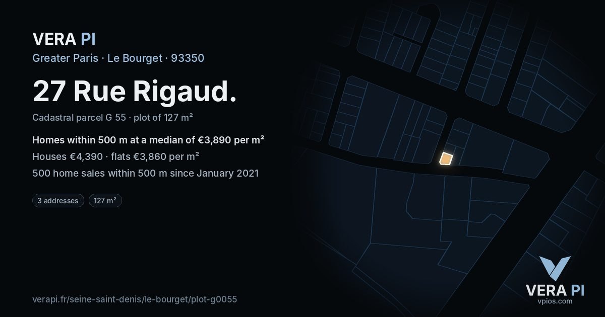 27 Rue Rigaud, Le Bourget at night – the plot lit, the parcels around coloured by the prices near them