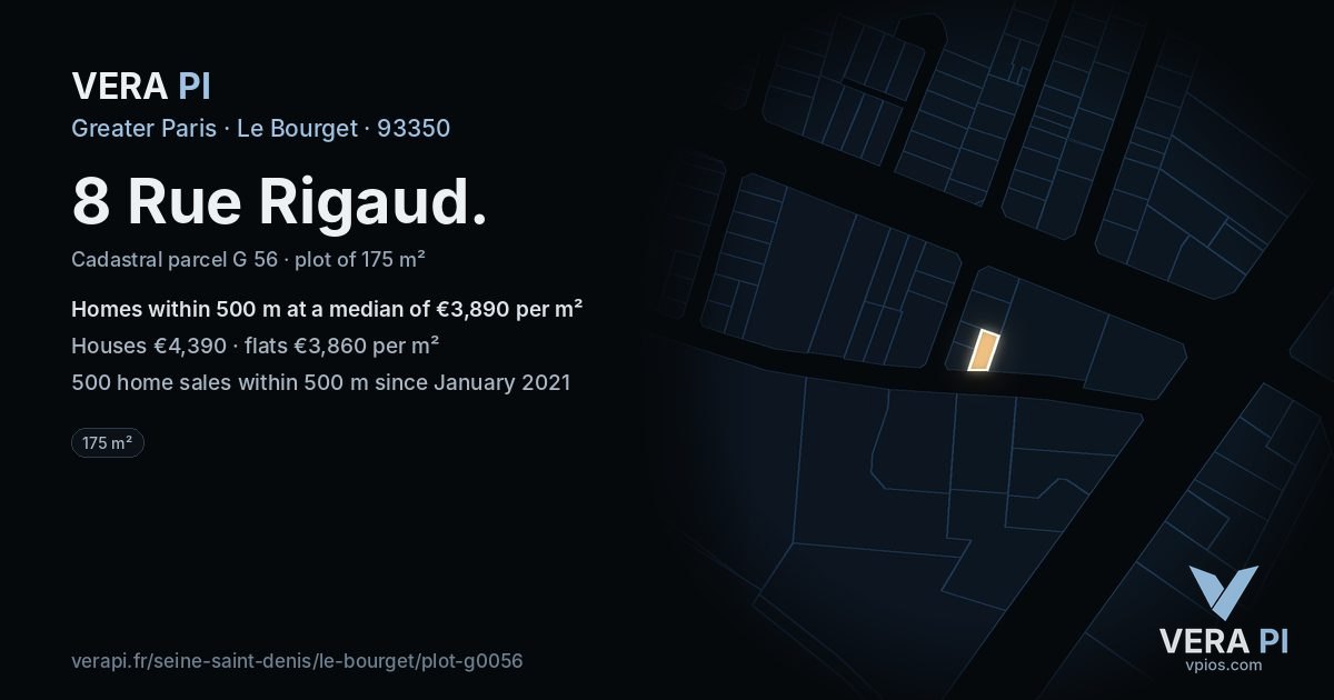 8 Rue Rigaud, Le Bourget at night – the plot lit, the parcels around coloured by the prices near them