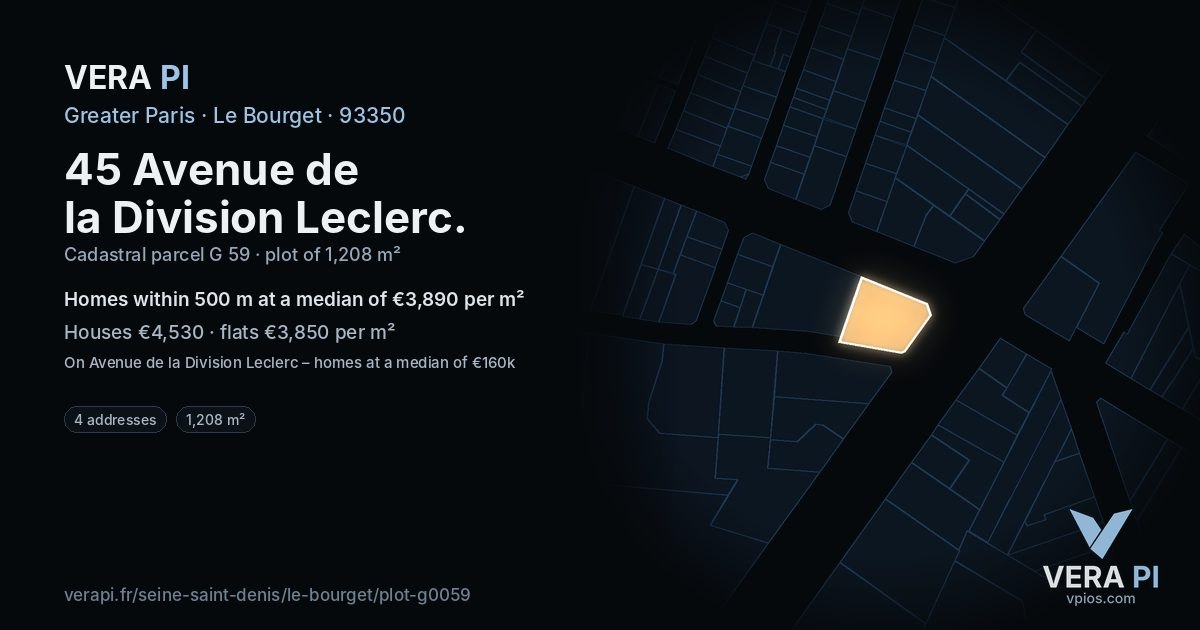 45 Avenue de la Division Leclerc, Le Bourget at night – the plot lit, the parcels around coloured by the prices near them