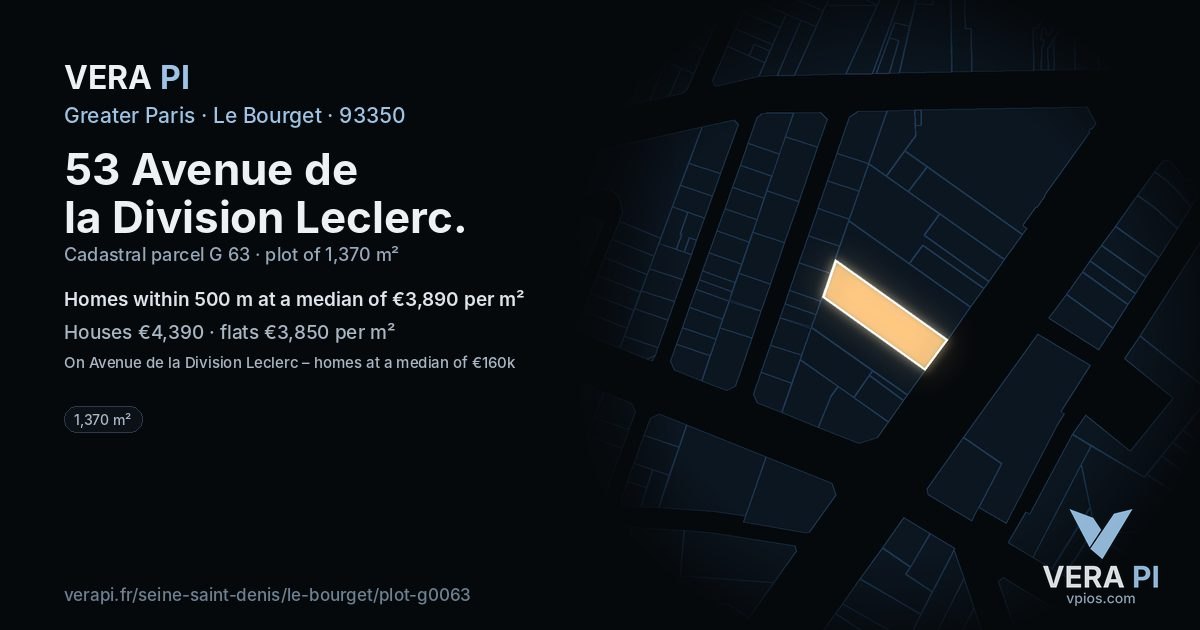53 Avenue de la Division Leclerc, Le Bourget at night – the plot lit, the parcels around coloured by the prices near them