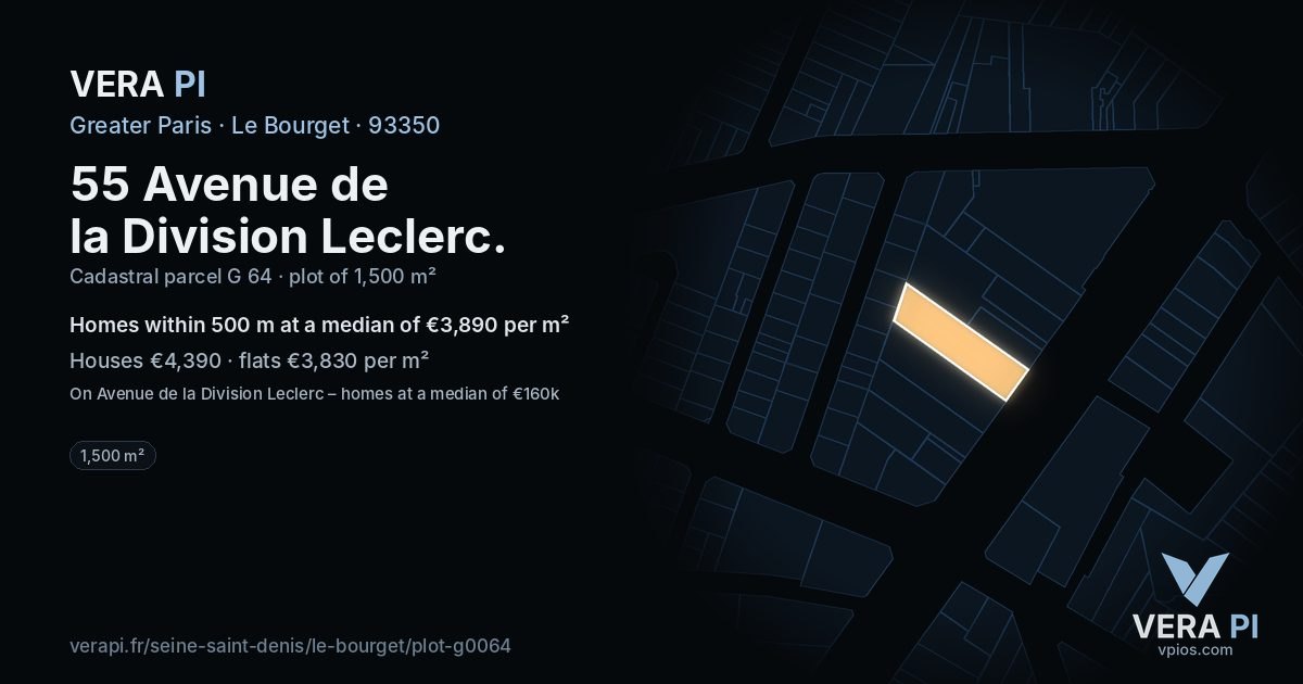 55 Avenue de la Division Leclerc, Le Bourget at night – the plot lit, the parcels around coloured by the prices near them