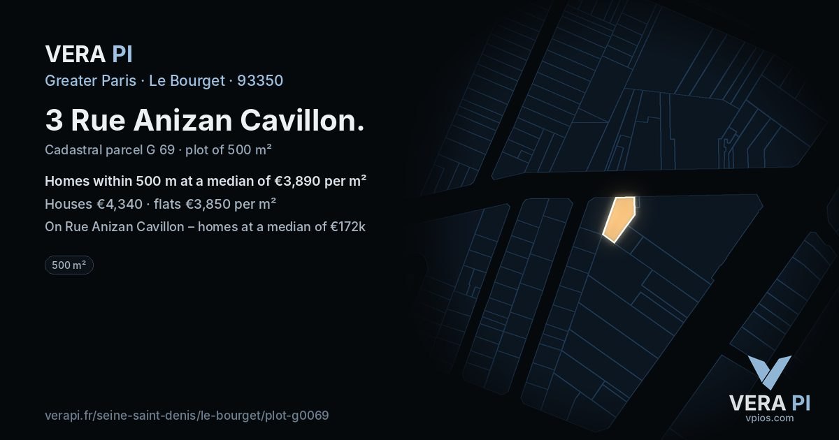 3 Rue Anizan Cavillon, Le Bourget at night – the plot lit, the parcels around coloured by the prices near them