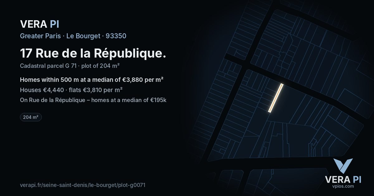 17 Rue de la République, Le Bourget at night – the plot lit, the parcels around coloured by the prices near them