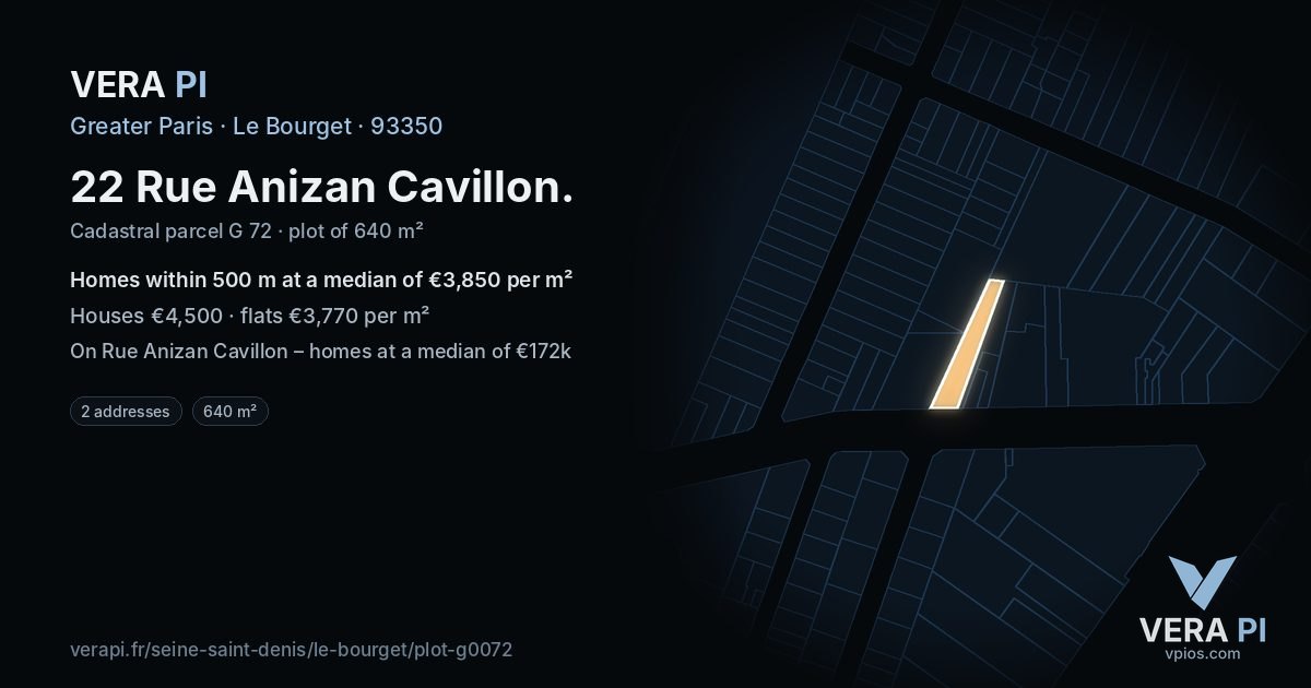 22 Rue Anizan Cavillon, Le Bourget at night – the plot lit, the parcels around coloured by the prices near them