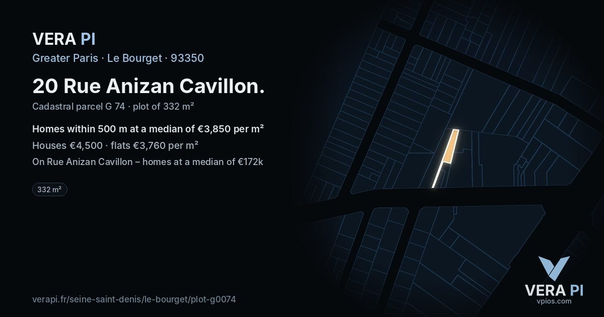 20 Rue Anizan Cavillon, Le Bourget at night – the plot lit, the parcels around coloured by the prices near them