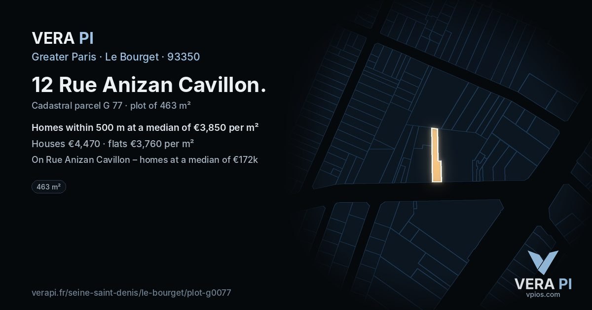 12 Rue Anizan Cavillon, Le Bourget at night – the plot lit, the parcels around coloured by the prices near them