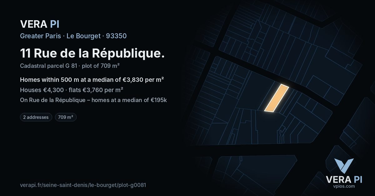 11 Rue de la République, Le Bourget at night – the plot lit, the parcels around coloured by the prices near them
