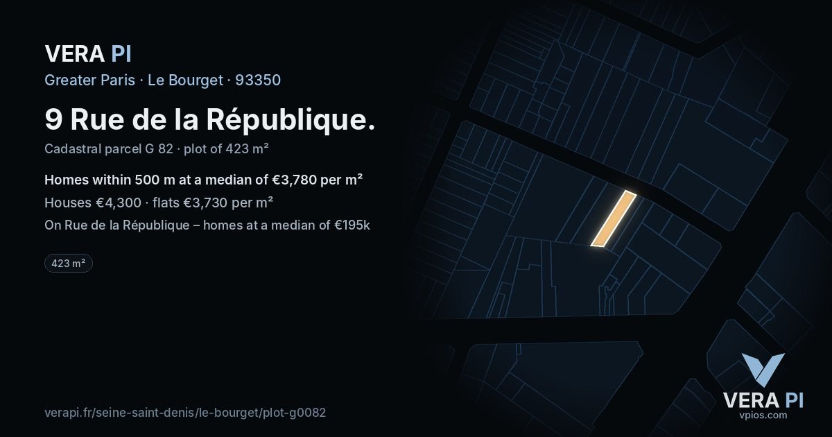 9 Rue de la République, Le Bourget at night – the plot lit, the parcels around coloured by the prices near them