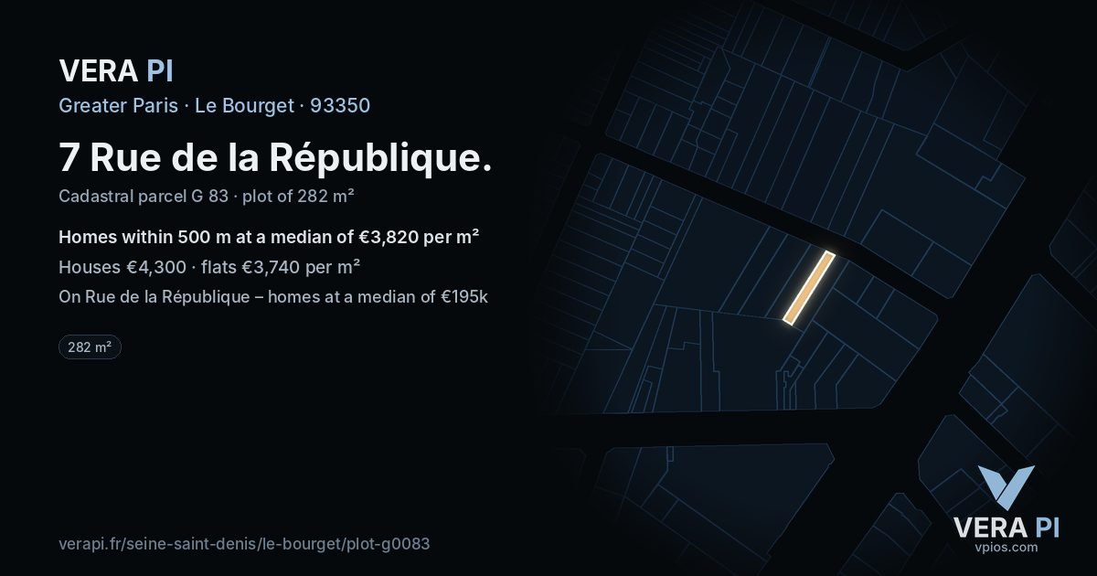 7 Rue de la République, Le Bourget at night – the plot lit, the parcels around coloured by the prices near them