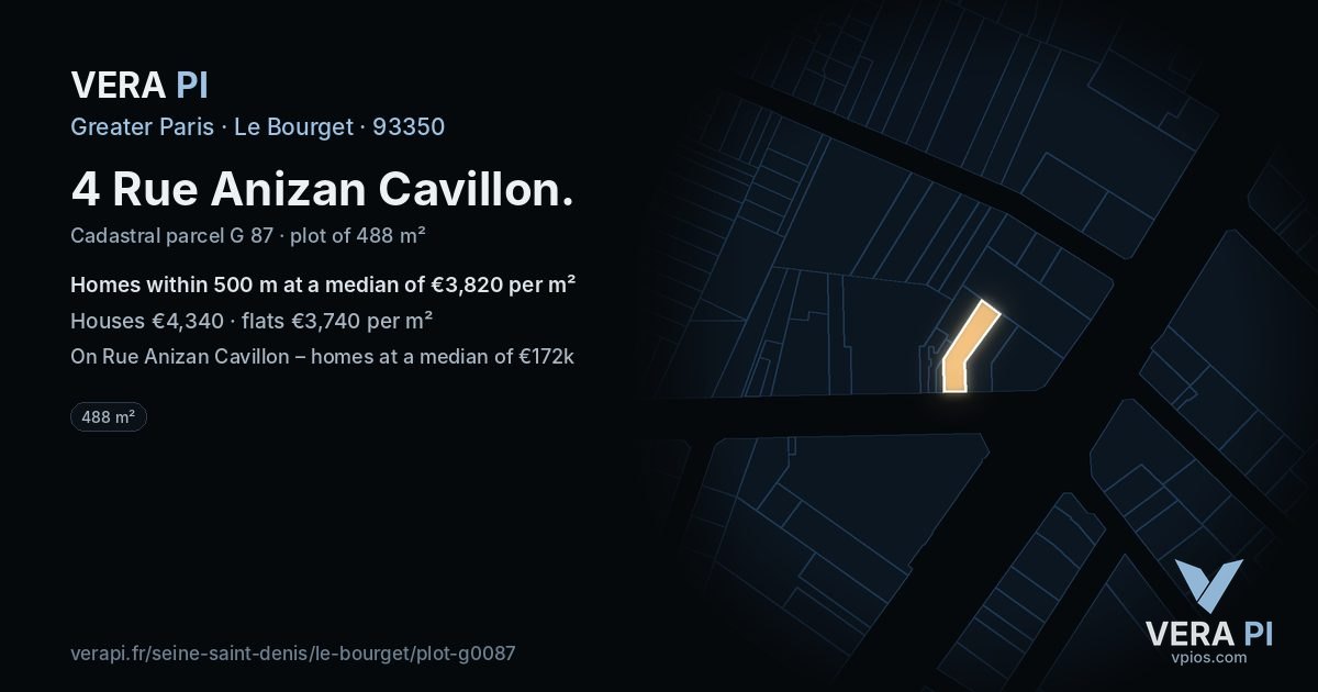 4 Rue Anizan Cavillon, Le Bourget at night – the plot lit, the parcels around coloured by the prices near them